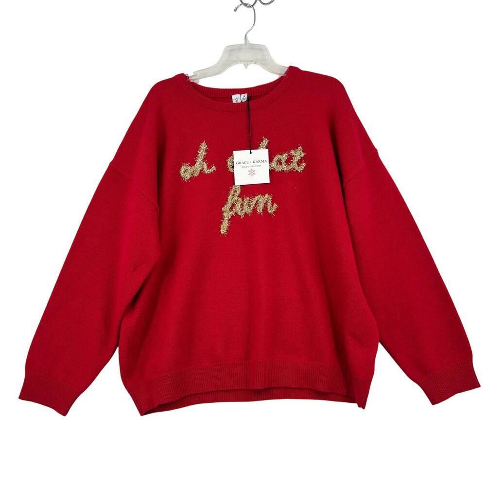 Grace + Karma Sweater Size 1X Red‎ Cardigan Pullover Oh What Fun Gold Holiday